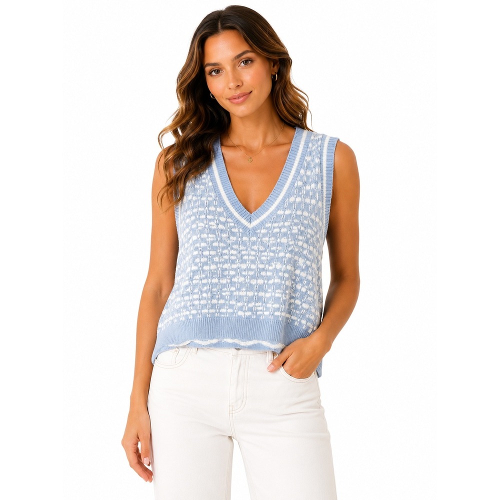 Abercrombie & Fitch Womens XL Knit Sweater Vest Blue White V-Neck Cotton Blend